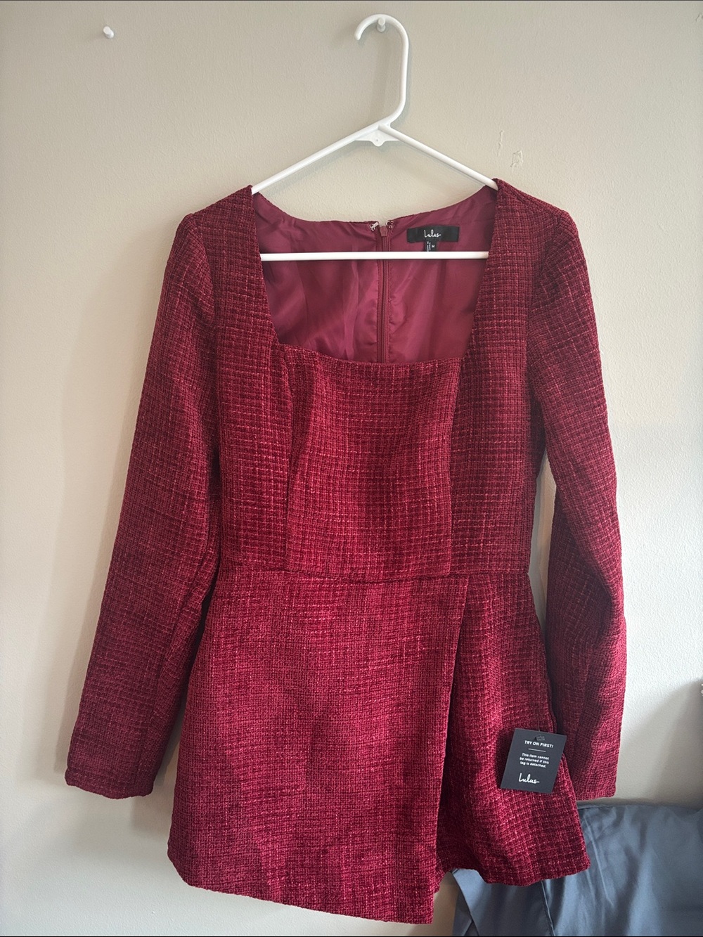 Lulu's Burgundy Tweed Long-Sleeve Square Neck Romper
